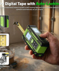 4 In 1 Digital Laser Tape Measure With Dual HD Display, 200 Ft Rechargeable Laser Distance Meter, 33 Ft Green Cross Line Laser, 10 Ft Tape, Handy For Quick Area, Volume, Pythagorean, And Leveling On Indoor Projects. Hand holding green digital tape measure with retractable blade