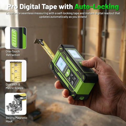 4 In 1 Digital Laser Tape Measure With Dual HD Display, 200 Ft Rechargeable Laser Distance Meter, 33 Ft Green Cross Line Laser, 10 Ft Tape, Handy For Quick Area, Volume, Pythagorean, And Leveling On Indoor Projects. Hand holding green digital tape measure with retractable blade