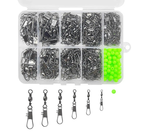 Beefed-Up All In One Fishing Barrel Swivels With Snap Kit And Luminous Beads Set For Saltwater Rigs 350 Pieces 10Lb To 36Lb Heavy Duty Swivel Assortment For Trolling And General Freshwater Use in clear box with neon green beads