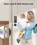 WiFi Smart Door Lock With Fingerprint And Passcode Knobs In Satin Nickel with auto-lock feature mounted on a door.