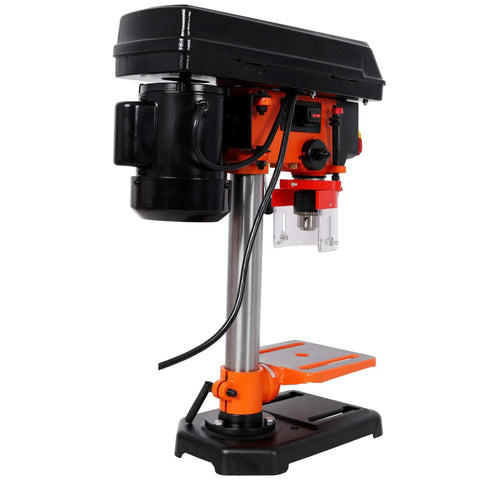 8 Inch Benchtop Drill Press Featuring Built In Laser Guide For Pinpoint Accuracy Plus Five Speed Settings Ranging From 770 To 3410 RPM, side view