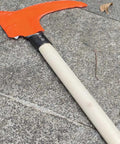 Long Handle Scythe Tool For Yard Work, Heavy Duty Sickle Garden Tool with an orange head and wooden handle