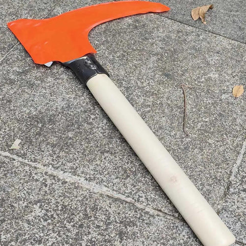 Long Handle Scythe Tool For Yard Work, Heavy Duty Sickle Garden Tool with an orange head and wooden handle