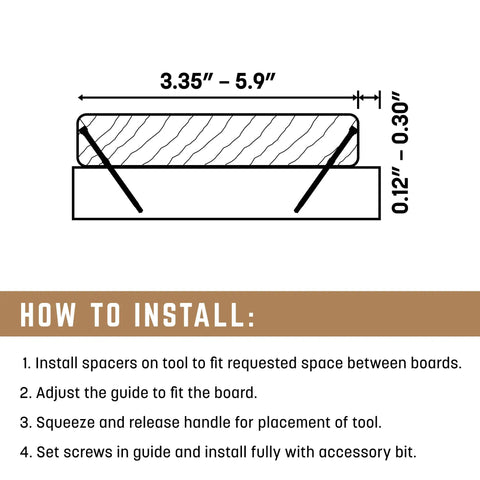 Diagram of the AnglePro Hidden Deck Fastening Tool showing board gap adjustment from 0.12 to 0.30 inches for installation.