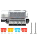 4 Circuit Fuse Block With Marine Cover For ATO ATC Fuses, A Real Workhorse That Handles Up To 100 Amps Per Block, 32V DC, Heavy Duty Boat Electrical Hub, Easy Mounting With Standard Screws, Durable Terminal Studs And Lock Washers, with cover and fuses