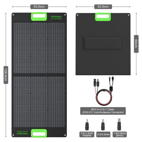 Power Beast 2400W Portable Power Station With 2x100W Solar Panels 1843.2Wh LiFePO4 Battery dimensions and connectors shown