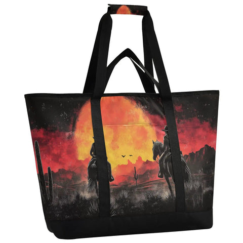 All Day Chill Insulated Cooler Tote With Leak Proof Seal Large Capacity design with horse riders and sunset scene