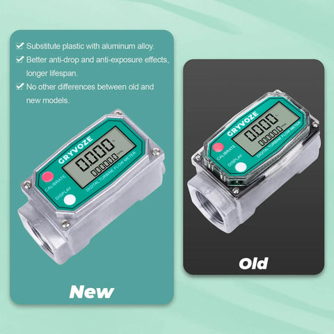 New and old one inch inline water and fuel flow meter with swivel 360 connector, aluminum alloy body, high precision.