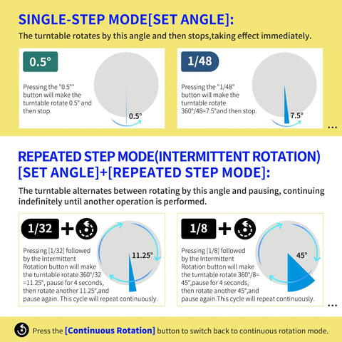 Ultra Smooth 7.9 Inch Motorized Electric Turntable Rotating Display Stand For Product Photography With Remote Control showing rotation settings and angles.