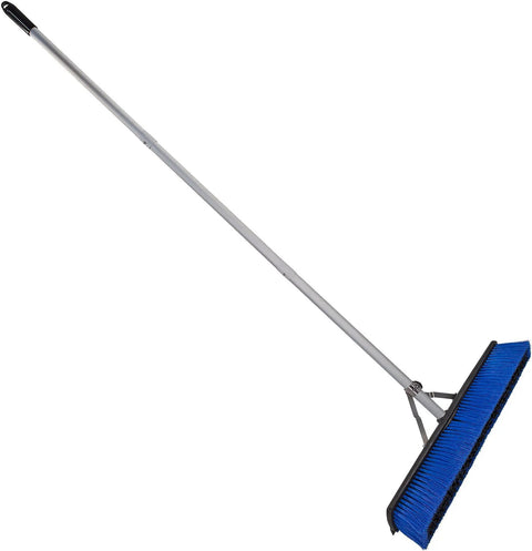 No Nonsense Commercial Floor Sweep With Integrated Squeegee Includes Sixty Inch Three Piece Aluminum Handle And 24 Inch Broom Head, blue with long handle.