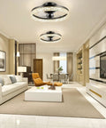 Modern living room with 24-Inch Low Profile Ceiling Fan With Light Bladeless Flush Mount Remote And App Control visible on ceiling.
