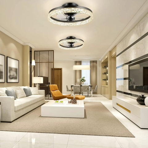 Modern living room with 24-Inch Low Profile Ceiling Fan With Light Bladeless Flush Mount Remote And App Control visible on ceiling.