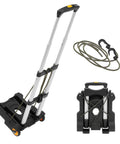 Foldable Luggage Cart With Wheels Lightweight Steel Frame Carries Up To 77 Pounds, shown folded and with bungee cords, ideal for travel.