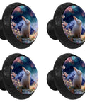 Four Pack Rabbit Flower Cabinet Knobs 1.37 Inch Round Drawer Pulls with bunny and floral design on black background