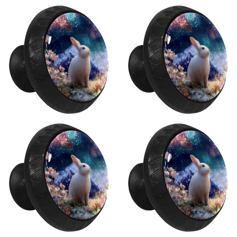 Four Pack Rabbit Flower Cabinet Knobs 1.37 Inch Round Drawer Pulls with bunny and floral design on black background