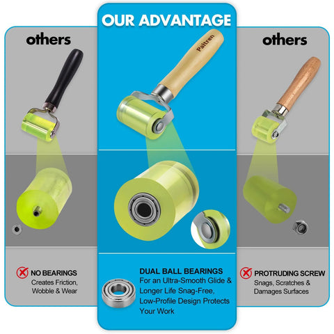 Comparison of seam roller with dual ball bearings versus standard rollers highlighting advantages in smooth glide and reduced friction.