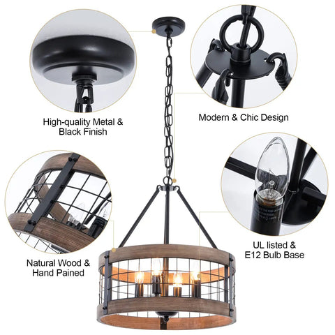4-Light Farmhouse Drum Chandelier Barn-Inspired With Rustic Wood Rings For Dining Room, Entryway, Kitchen, Black Metal Finish