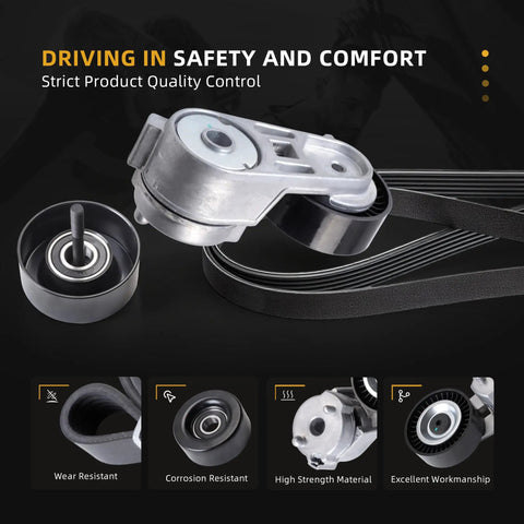 Top Rated Serpentine Belt Tensioner Idler Pulley Kit For Jeep Grand Cherokee And Wrangler 4.0L L6 Engine With Ac From 1999 To 2006 Durable Replacement showing tensioner, idler pulley, and belt