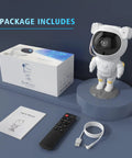 Nebula Star Projector Galaxy Light With Remote And Timer, Astronaut Night Light package with remote, USB cable, and manual.