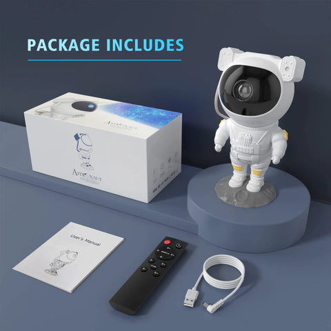 Nebula Star Projector Galaxy Light With Remote And Timer, Astronaut Night Light package with remote, USB cable, and manual.
