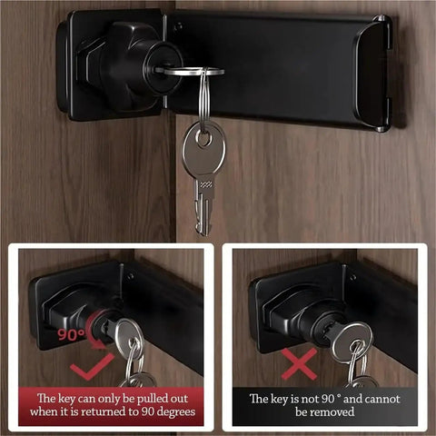 Stainless Steel Door Clasp Lock Right Angle Latch 90 Degree Hasps Shed Gate showing key mechanism with pull-out instructions.