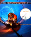 Pipe center finder with 4-inch Y-base and adjustable dial protractor; welder inside blue pipe with center pipe diagram.