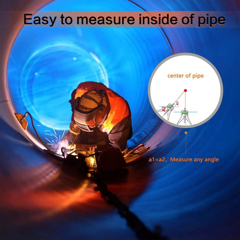 Pipe center finder with 4-inch Y-base and adjustable dial protractor; welder inside blue pipe with center pipe diagram.