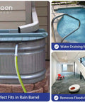 One Third HP Submersible Sump Pump With Flow Sensor Switch for Flooded Basements and Outdoor Spots, shown with rain barrel and pool