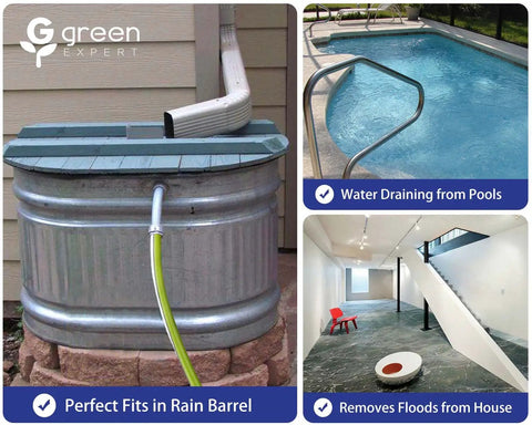 Zero Puddle Headache Automatic Submersible Utility Pump With Smart Water Sensor For Last Inch Draining Soaked Basements Garages And Hot Tubs With 10 Foot Cord attached to rain barrel for efficient water removal.