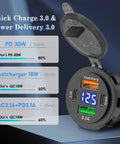 Hella Fast 66W 12V Car Charger With Four Ports Dual PD And Quick Charge 3.0 Digital Voltmeter showing charging status indicators.