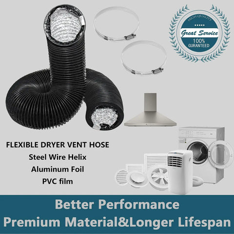4 Inch Dryer Vent Hose 10 Feet Flexible PVC Duct For HVAC Ventilation Built Tough Three Layer Aluminum Foil with clamps and devices