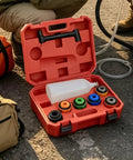 Top Tier Oil Funnel Kit With Flexible Spill Proof Designs And Color Coded Connectors For Fast Garage Oil Changes On Any Car Or Truck Without Extra Adapters So You Can Get Your Fleet Rolling Smooth Today, 8-piece set in red case.