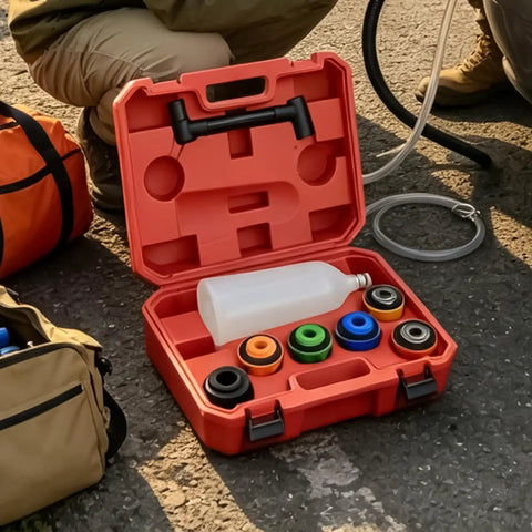 Top Tier Oil Funnel Kit With Flexible Spill Proof Designs And Color Coded Connectors For Fast Garage Oil Changes On Any Car Or Truck Without Extra Adapters So You Can Get Your Fleet Rolling Smooth Today, 8-piece set in red case.