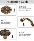 Installation guide for vintage locking handle and hinge kit in antique bronze zinc alloy with screws for jewelry box decor.