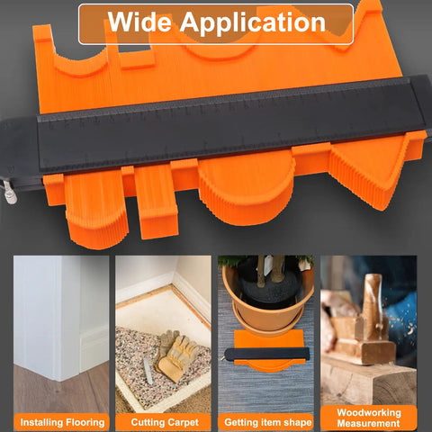 10 Inch Contour Gauge Duplicator with Lock showing orange ABS body, black metal lock, used in flooring, carpet cutting, and woodworking.