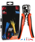 All In One Wire Stripper Tool Kit With 266 Pieces Self Adjusting 8 Inch Automatic Wire Stripping Tool For AWG 10-24 displayed with terminals