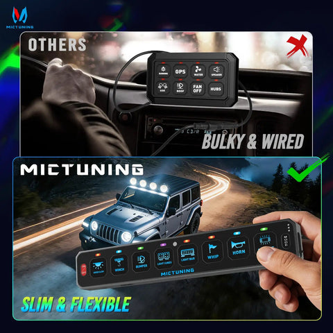 Comparing bulky wired switch with Eight Gang Slim Wireless Switch Panel For Cars RVs And UTvs With 208 Feet Range Drill Free Install