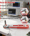 Pro Grade Ratchet Screwdriver Set With 36 Tooth Ratchet Driver Bits And Sockets, features labeled, on workbench background.