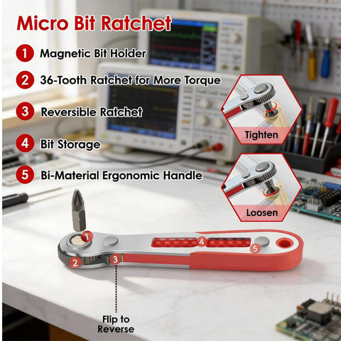 Pro Grade Ratchet Screwdriver Set With 36 Tooth Ratchet Driver Bits And Sockets, features labeled, on workbench background.