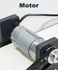 Close-up of motor section of 12V Desktop Conveyor Belt With Adjustable Speed From 0 To 116 RPM Compact 19.7 Inch Long By 3.9 Inch Wide Belt