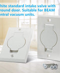 Front view of two white plastic wall inlet valve cover plates for Beam central vacuum with round doors and screws.