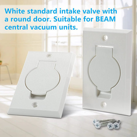 Front view of two white plastic wall inlet valve cover plates for Beam central vacuum with round doors and screws.