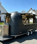Turnkey Black Food Truck For Barbecue Catering Mobile Trailer With Handy Bathroom And Beefed Up Commercial Kitchen Setup For Legit Street Hustles On The Go, showcasing a stylish black exterior and open service area.
