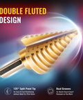 Close-up of titanium coated step drill bit with double fluted design, highlighting features for Titanium Coated Step Drill Bit Set.