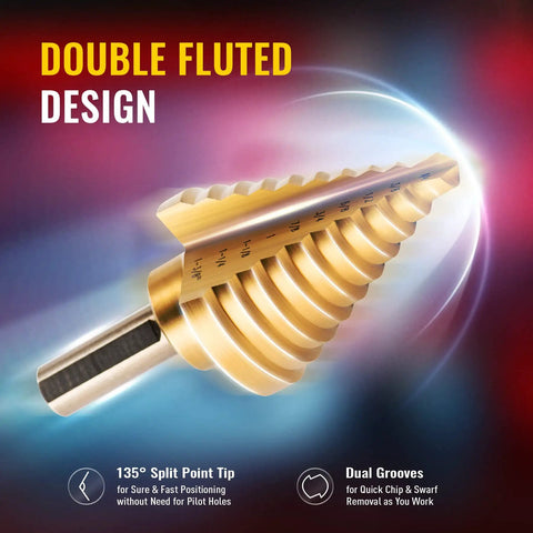 Close-up of titanium coated step drill bit with double fluted design, highlighting features for Titanium Coated Step Drill Bit Set.
