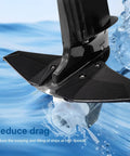 Hydrofoil Stabilizer for Outboard Boats, Cuts Drag and Cavitation, Stops Bow Rise and Porpoising, Improves Planing Stability on 50-300 HP Engines, Durable PP Wing, Long-Lasting Performance shown mounted on an outboard motor in water.