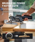 Compact Mini Cordless Circular Saw With A 3 3/8 Inch Blade And Brushless Motor cuts a 1x8 board effortlessly, showcasing precision and speed.