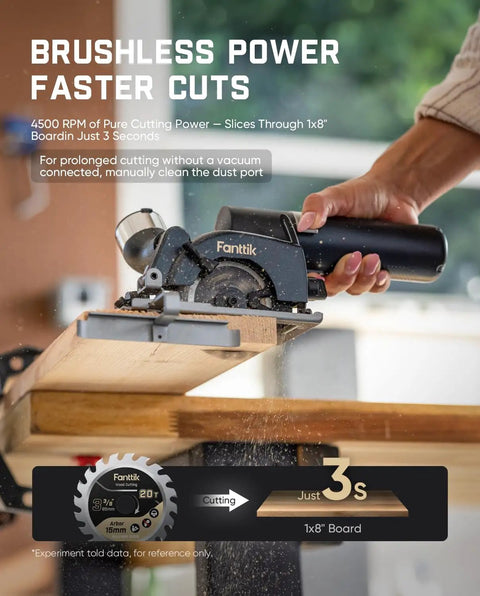 Compact Mini Cordless Circular Saw With A 3 3/8 Inch Blade And Brushless Motor cuts a 1x8 board effortlessly, showcasing precision and speed.