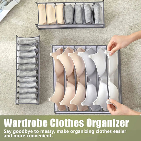 Hands arranging bras in a foldable clothes organizer with multiple grids, showcasing wardrobe organization.