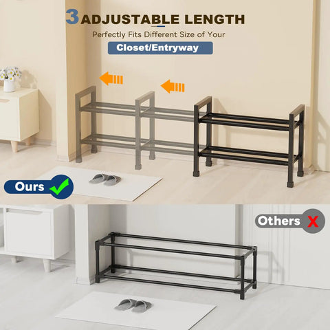 Expandable 2 Tier Shoe Rack Grows From 19 To 43.3 Inches For Closet Hallway Front Door Or Garage Tough Steel Space Saving Organizer That Fits Any Entryway No Fuss Easy Setup Black shown adjusting length next to a competitor product.